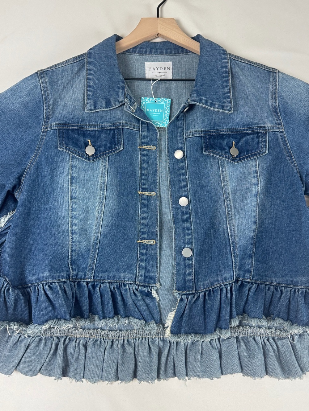 Hayden Los Angeles Ruffle Denim Jacket | Frayed Trim | NWT